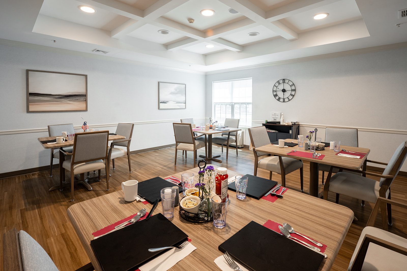 The dining room laid for a shared meal